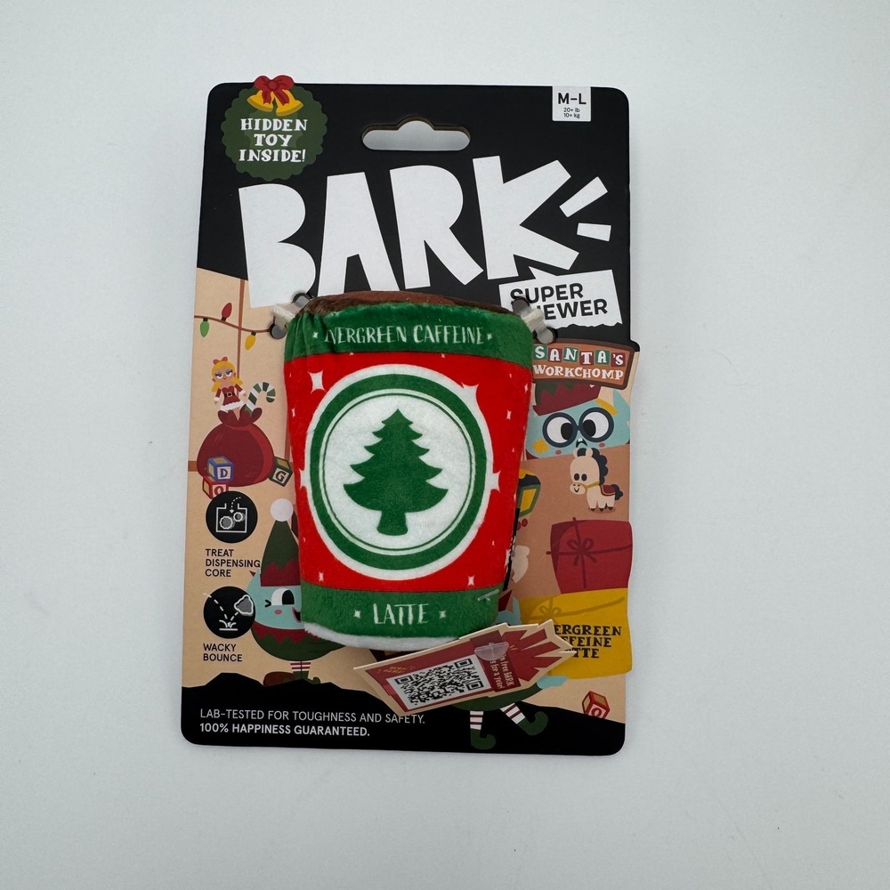 Bark Super Chewer Evergreen Caffeine Latte Dog Toy Box‎ NIB M-L